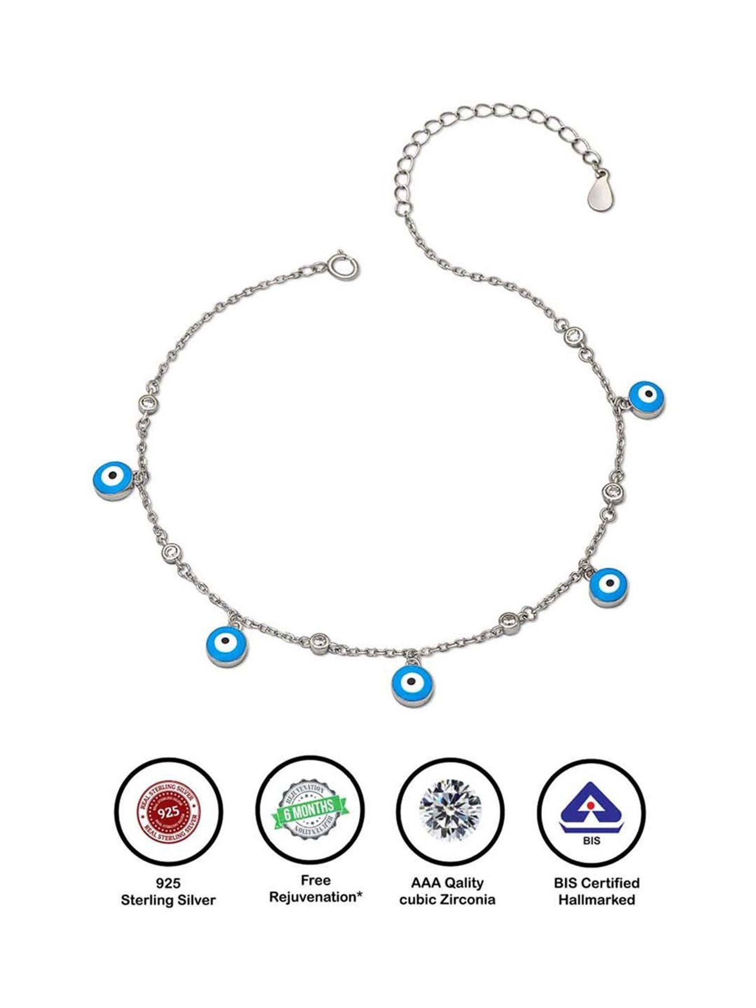 Silberry 925 Sterling Silver Blue Evil Eye Anklet for Women