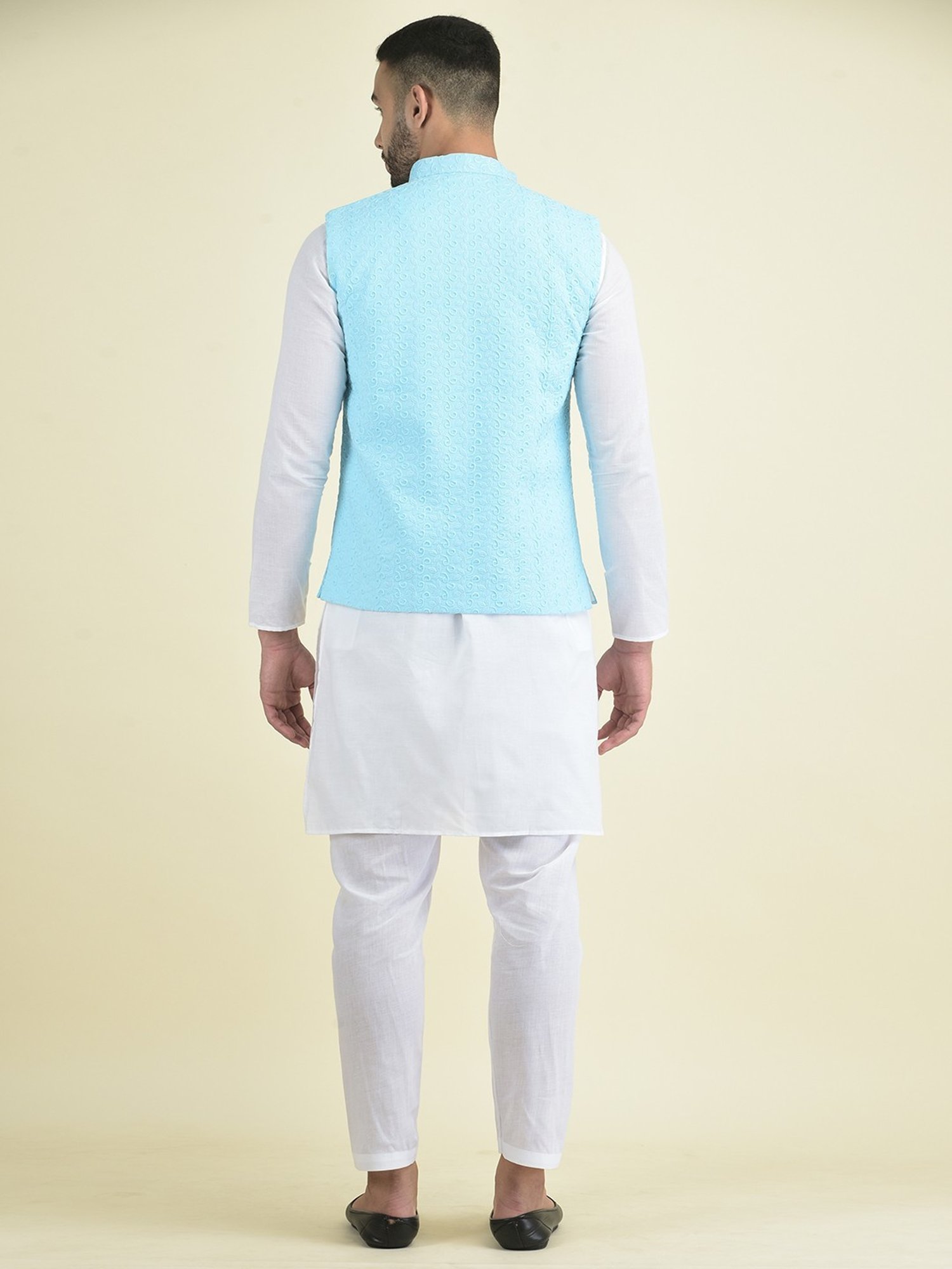 Deyann Blue & White Cotton Regular Fit Embroidered Kurta Set With Jacket