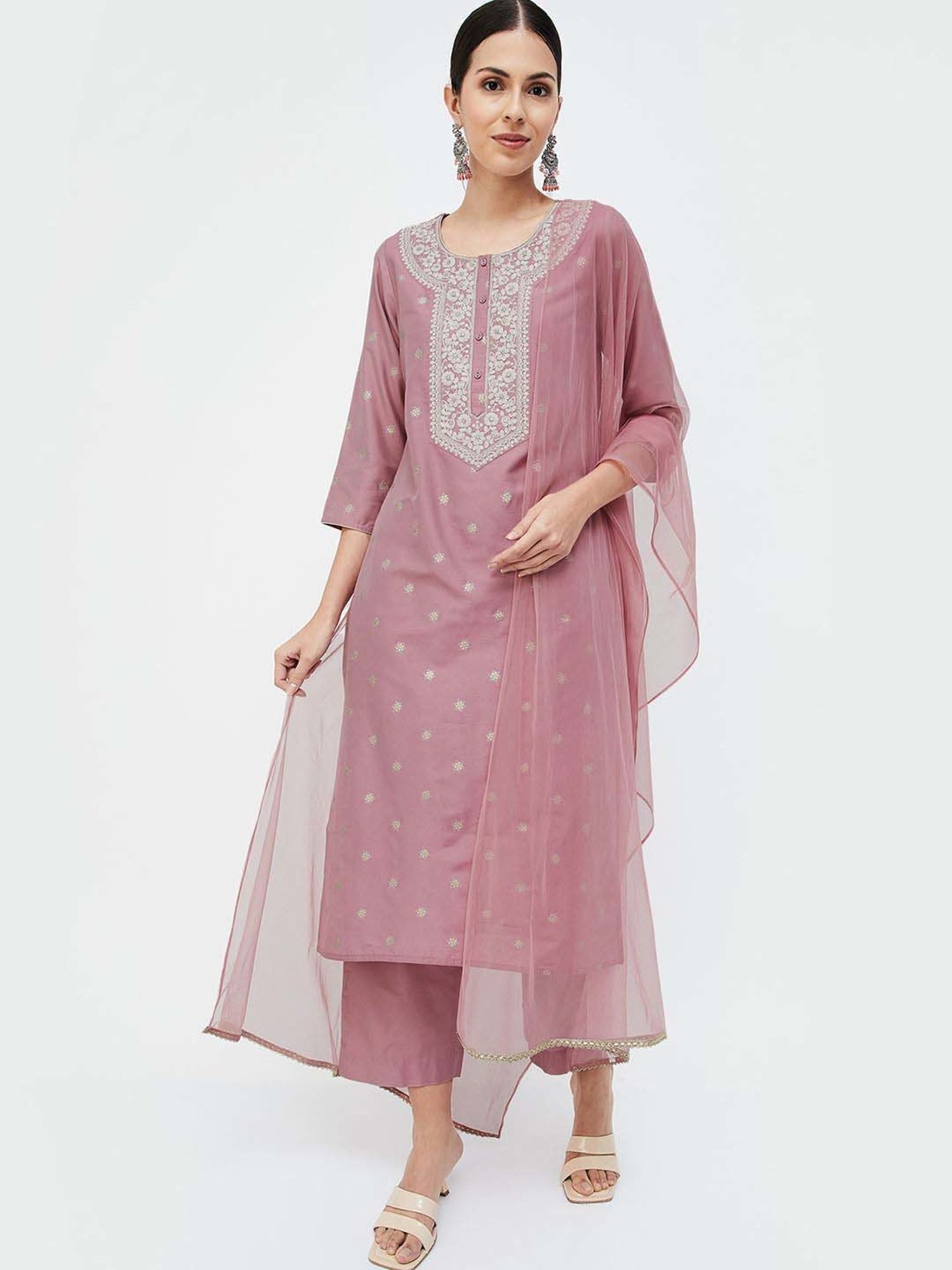 Melange by Lifestyle Purple Embroidered Kurta & Palazzo Set With Dupatta