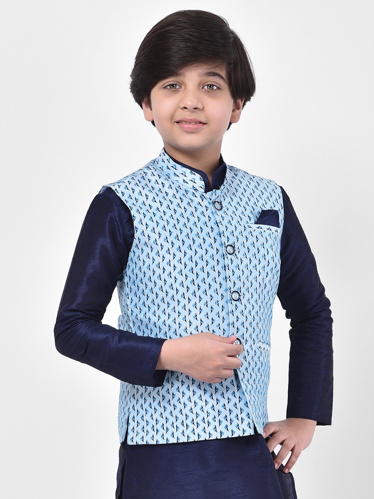 Deyann Kids Blue Printed Nehru Jacket