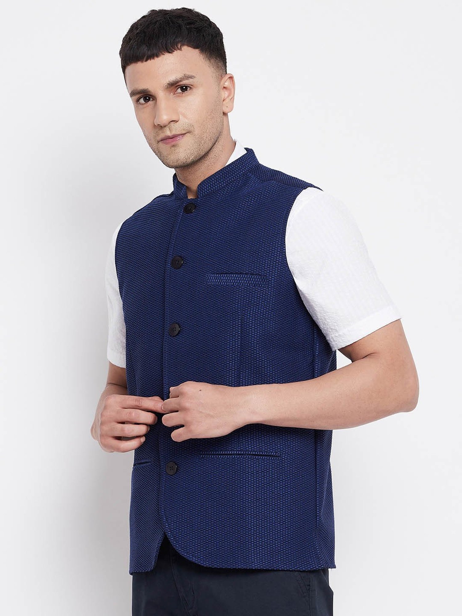 Even Navy Mandarin Collar Textured Nehru Jacket