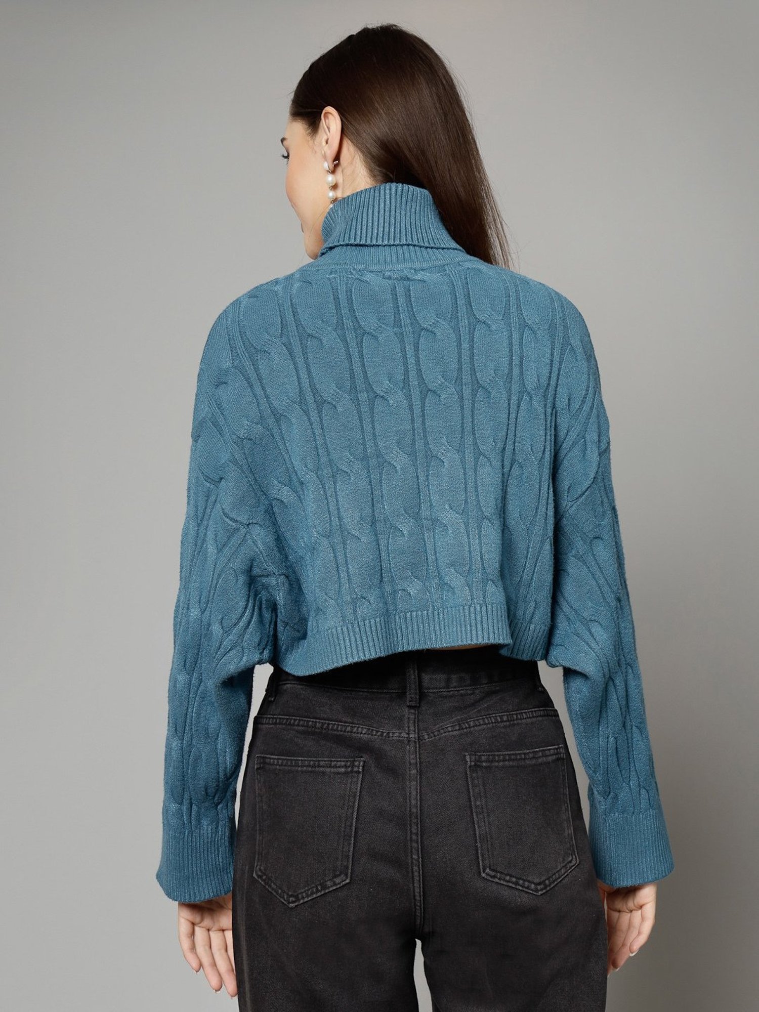 Mafadeny Teal Self Design Crop Sweater