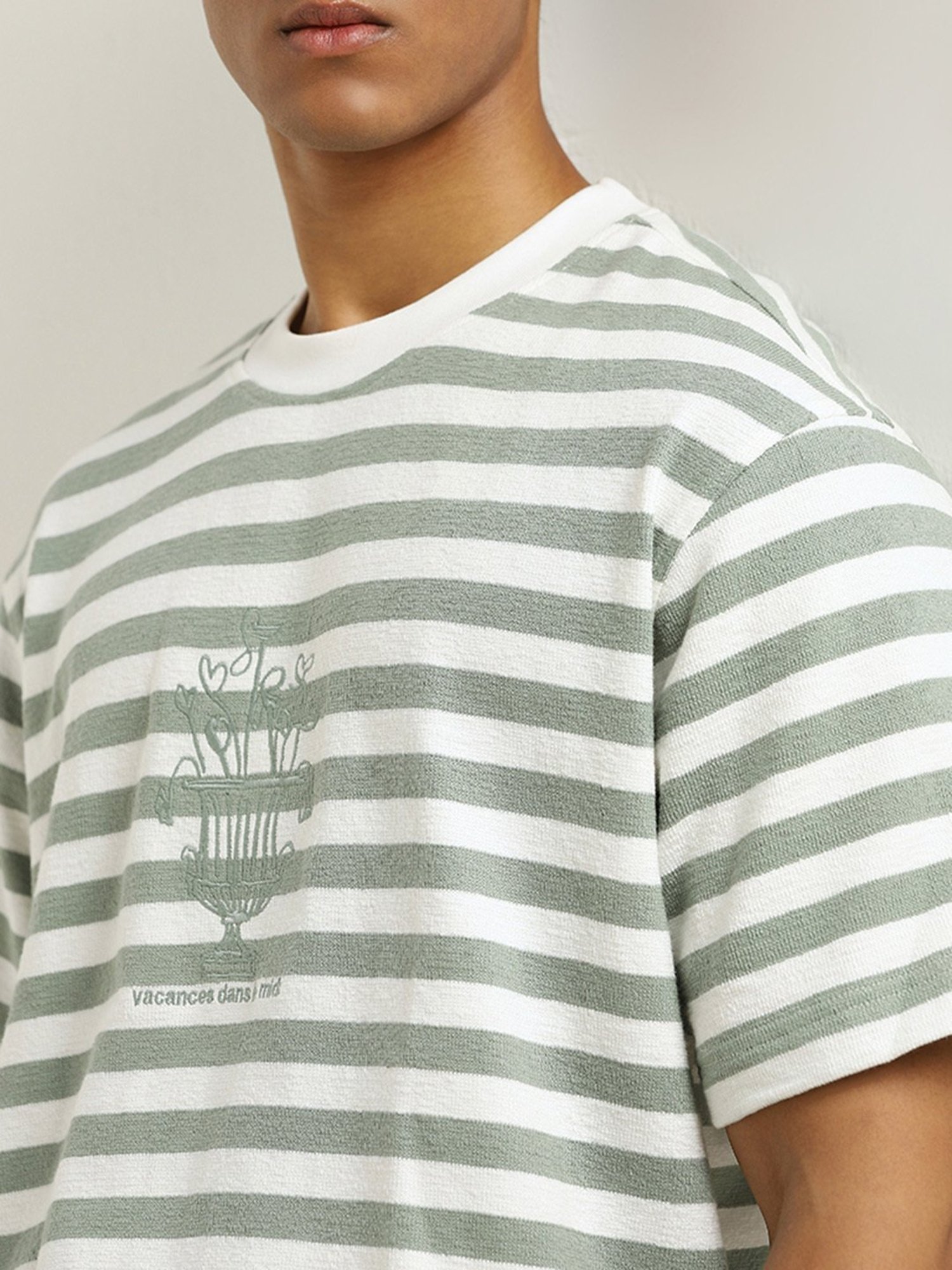 Nuon by Westside Sage Stripe Printed Relaxed-Fit Cotton T-Shirt