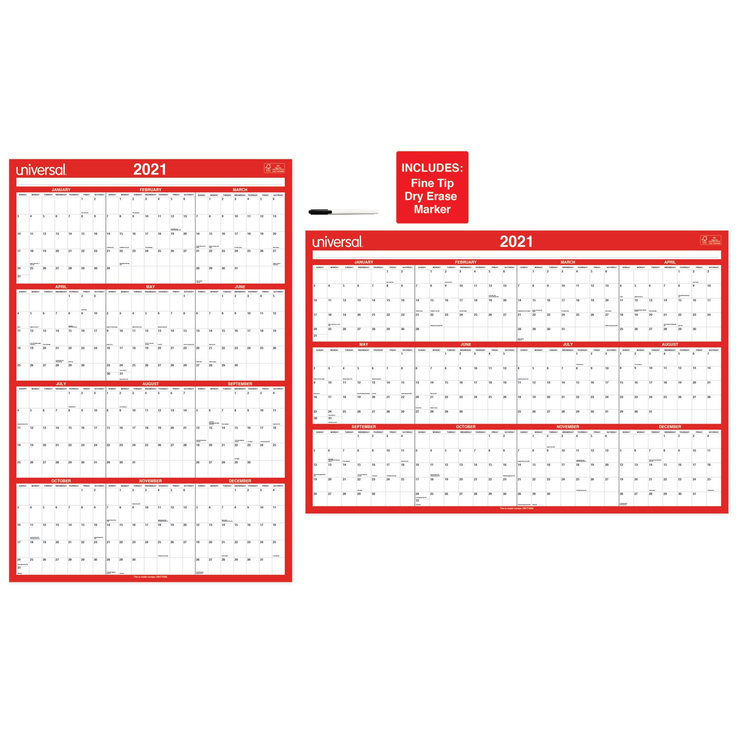 Universal Erasable Wall Calendar 24 x 36 White/Red 2021 71004