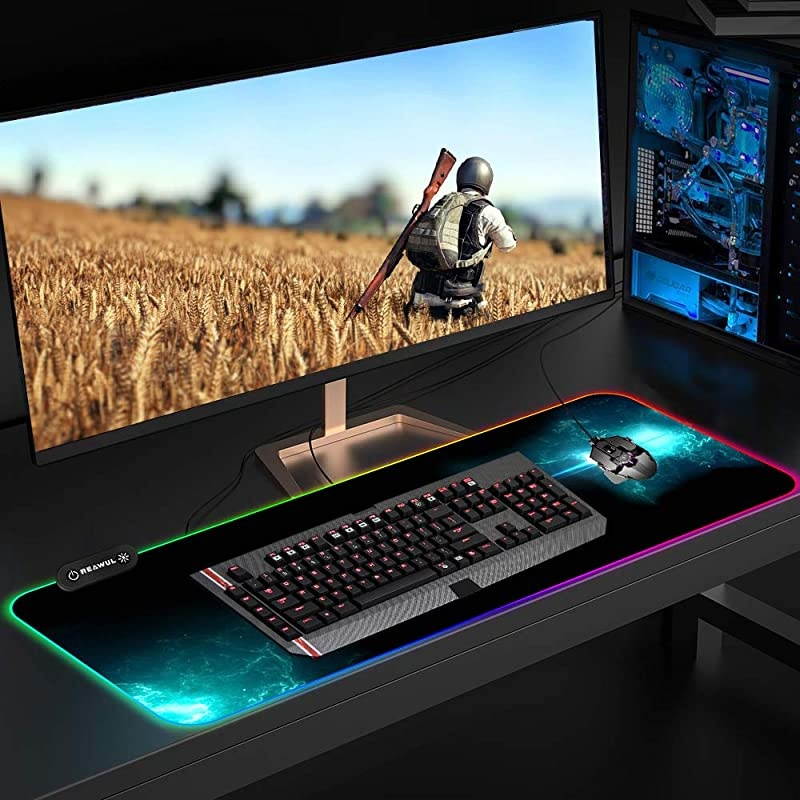 RGB Gaming Mouse Pad Oversized Glowing Led Extended Mousepad NonSlip Rubber Base Computer Keyboard Pad Mat 14 Lighting Modes for Gamer
