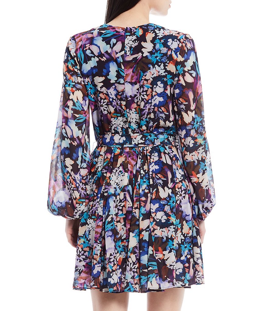 Belle Badgley Mischka Alison V-Neck Long Sleeve Chiffon A-Line Dress