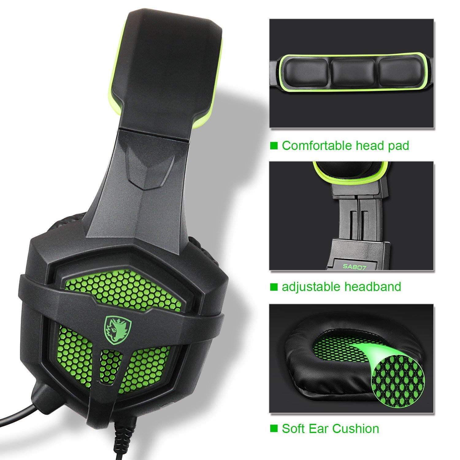 Gaming Headset, SADES SA-807 Xbox one PC PS4 Gaming Headphone 3.5mm Plug Wired Stereo Over ear Headphones For Multi-Platform with Mic Volume Control Black Green