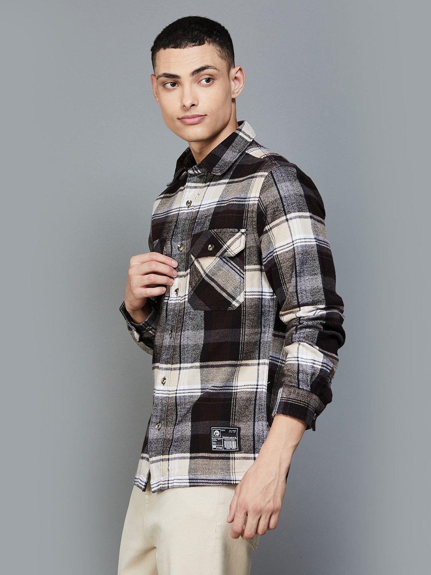 BOSSINI Beige Cotton Regular Fit Checks Shirt