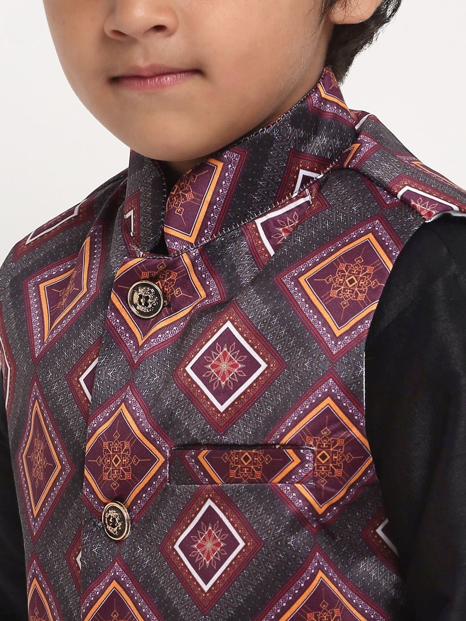 Benstoke Kids Purple & Grey Printed Nehru Jacket