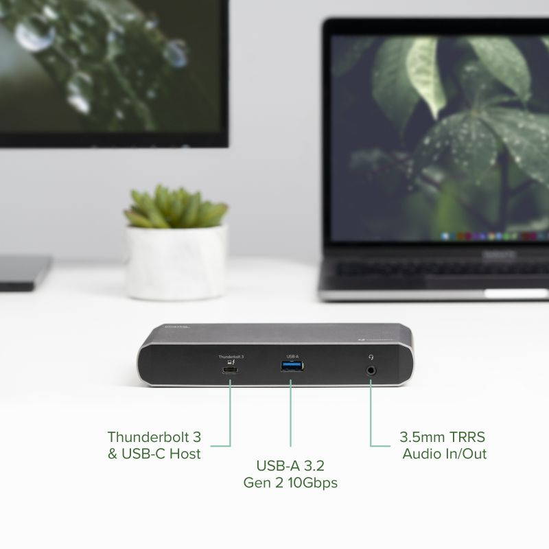 Plugable Thunderbolt 3 and USB C Dock with 60W Charging, Compatible with MacBook / MacBook Pro and Windows Laptops, Dual DisplayPort, 2x USB-C, 3x USB 3.0, Gigabit Ethernet, Audio Jack - Horizontal