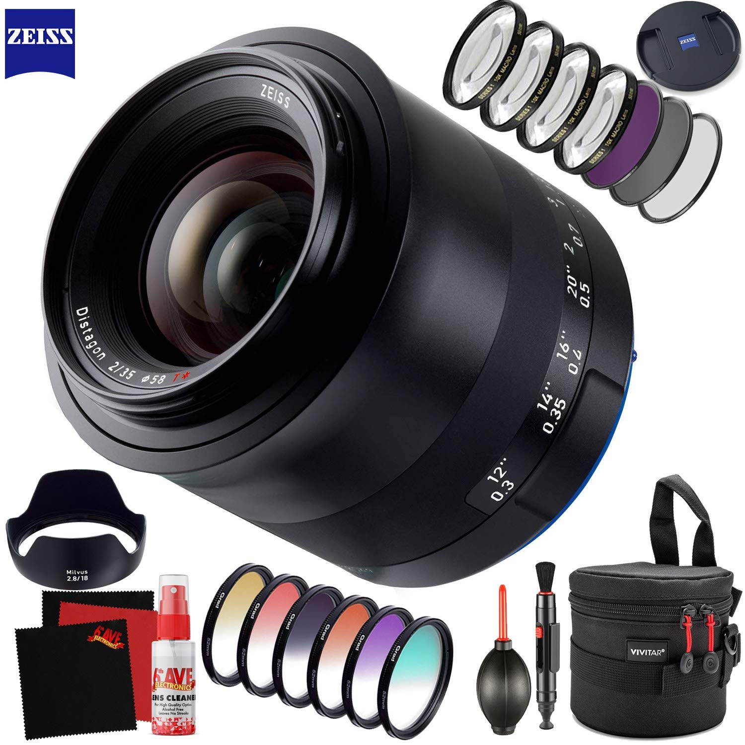 Zeiss Milvus 35mm f/2 ZE Lens for Canon EF with FLD Filter, CPL Filter, UV Filter - Color Graduate Filter Kit - Close Up