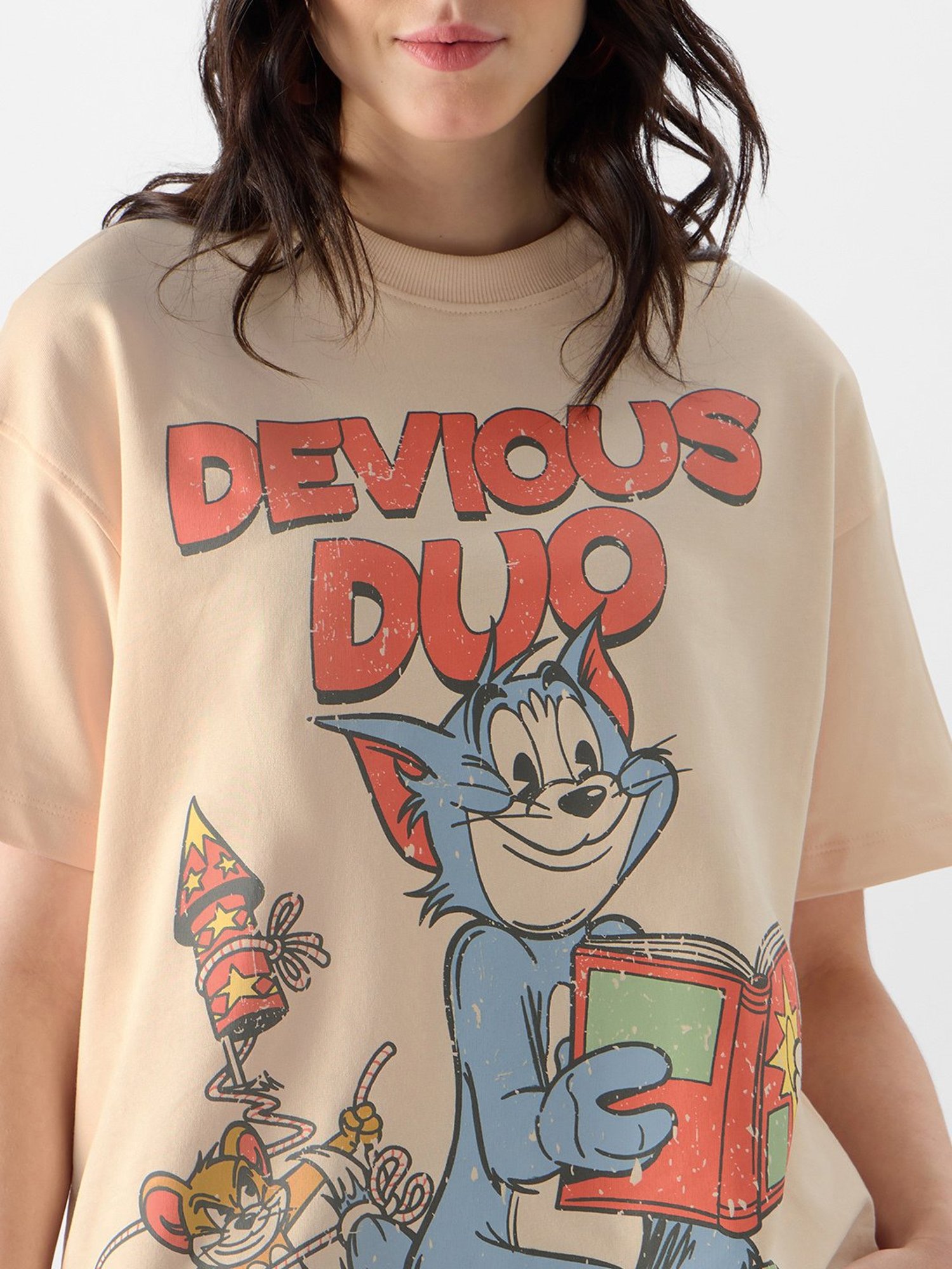 The Souled Store Beige Cotton Graphic Print Oversized T-Shirt