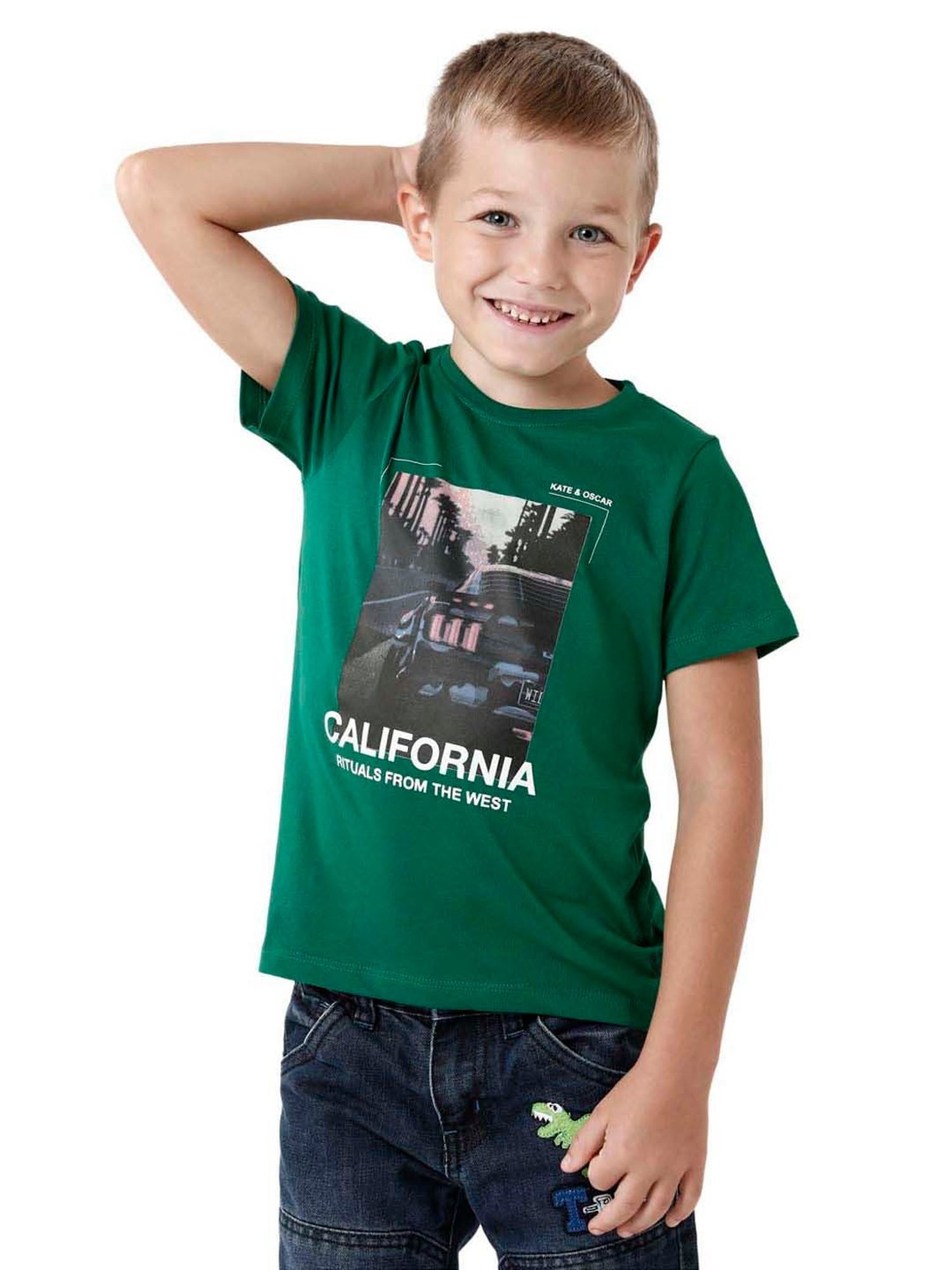 Kate & Oscar Boys Green Cotton Printed T-Shirt