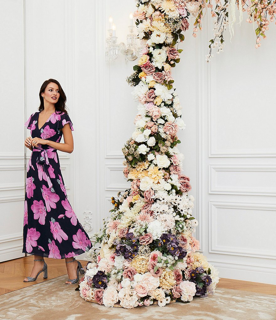 Adrianna Papell Floral Printed Chiffon Tie Waist Midi Dress