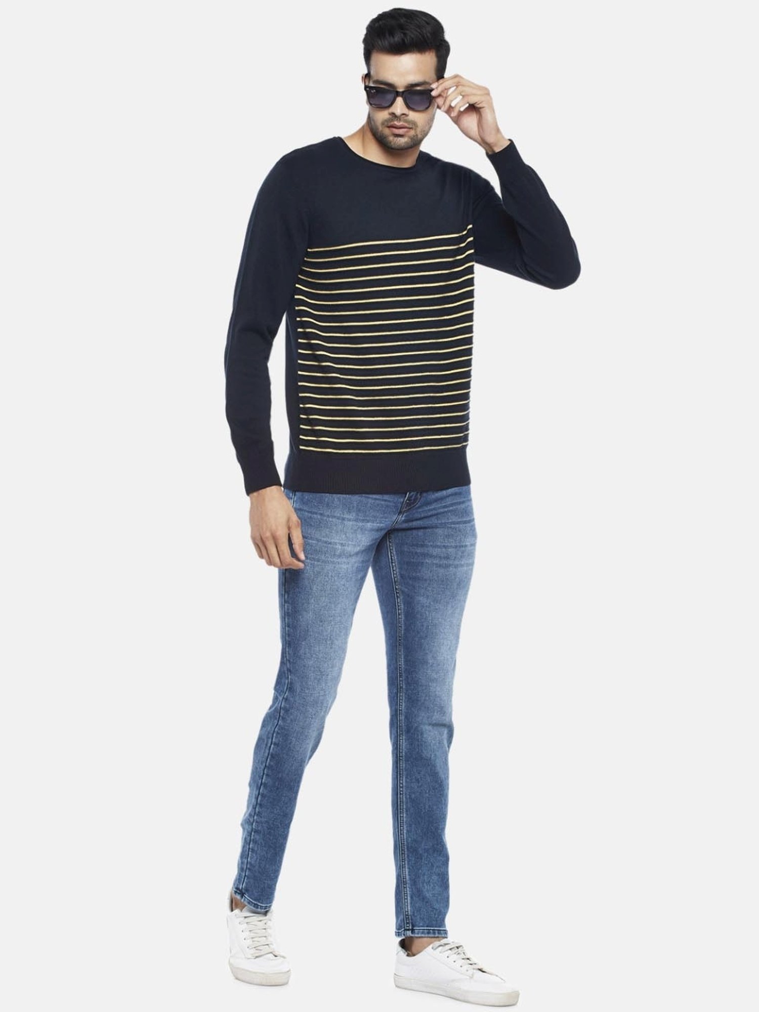 Byford By Pantaloons Navy Cotton Regular Fit Striped Sweaters