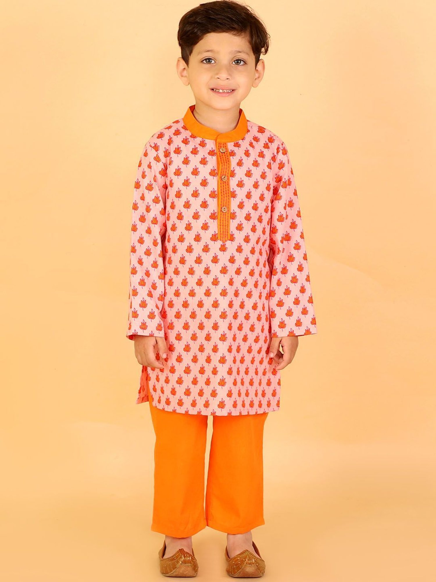 Lil Drama Kids Light Pink & Orange Floral Print Full Sleeves Kurta with Pyjamas
