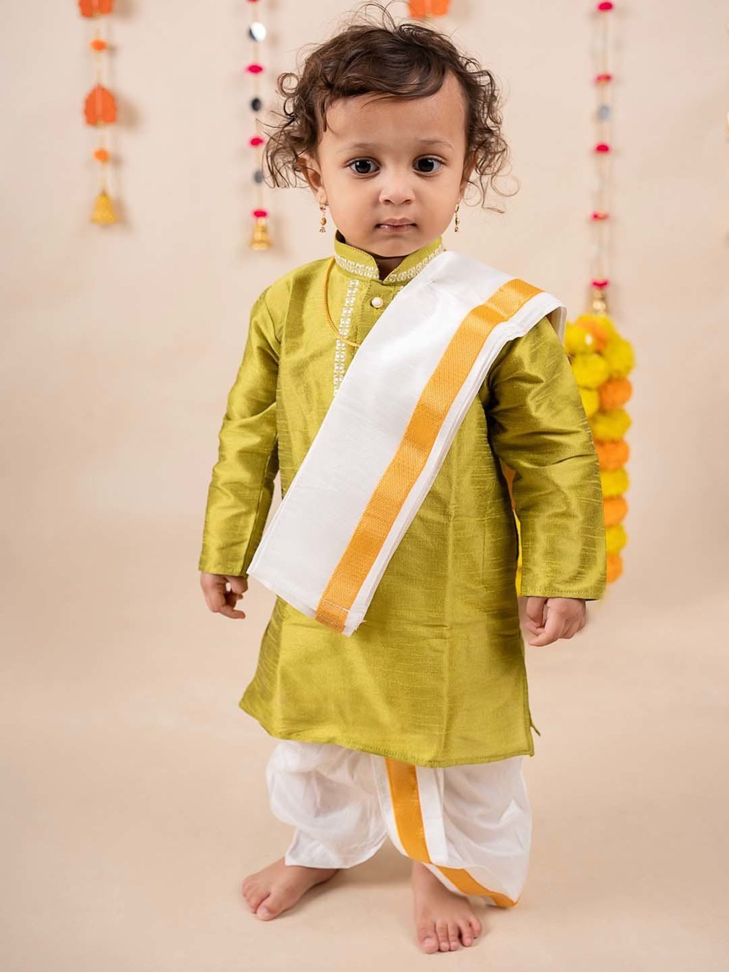 Baby Moo Kids Green & White Regular Fit Full Sleeves Kurta Set