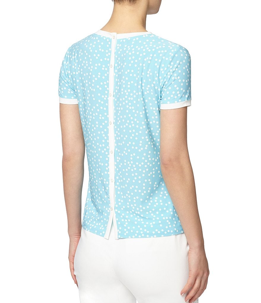 Anne Klein Stellar Dot Short Sleeve Jewel Neck Jersey Knit Button Back Top