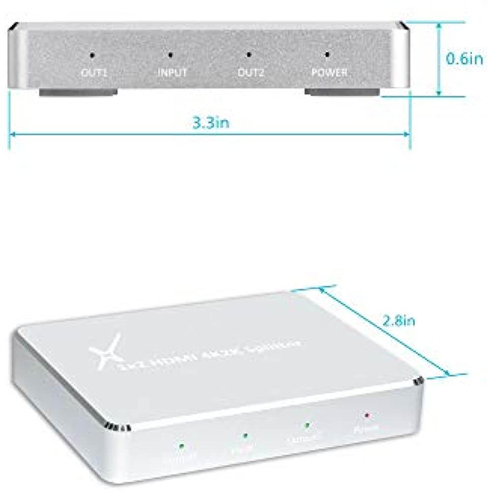 XtremPro HDMI Splitter Slim 1x2 Ports, 1 in 2 out Aluminium Splitter w/ AC Adapter, Supports HDTV, 4K2K 1080P, Full 3D for PS, Xbox, Nintendo, Projector - Silver (62102KA)