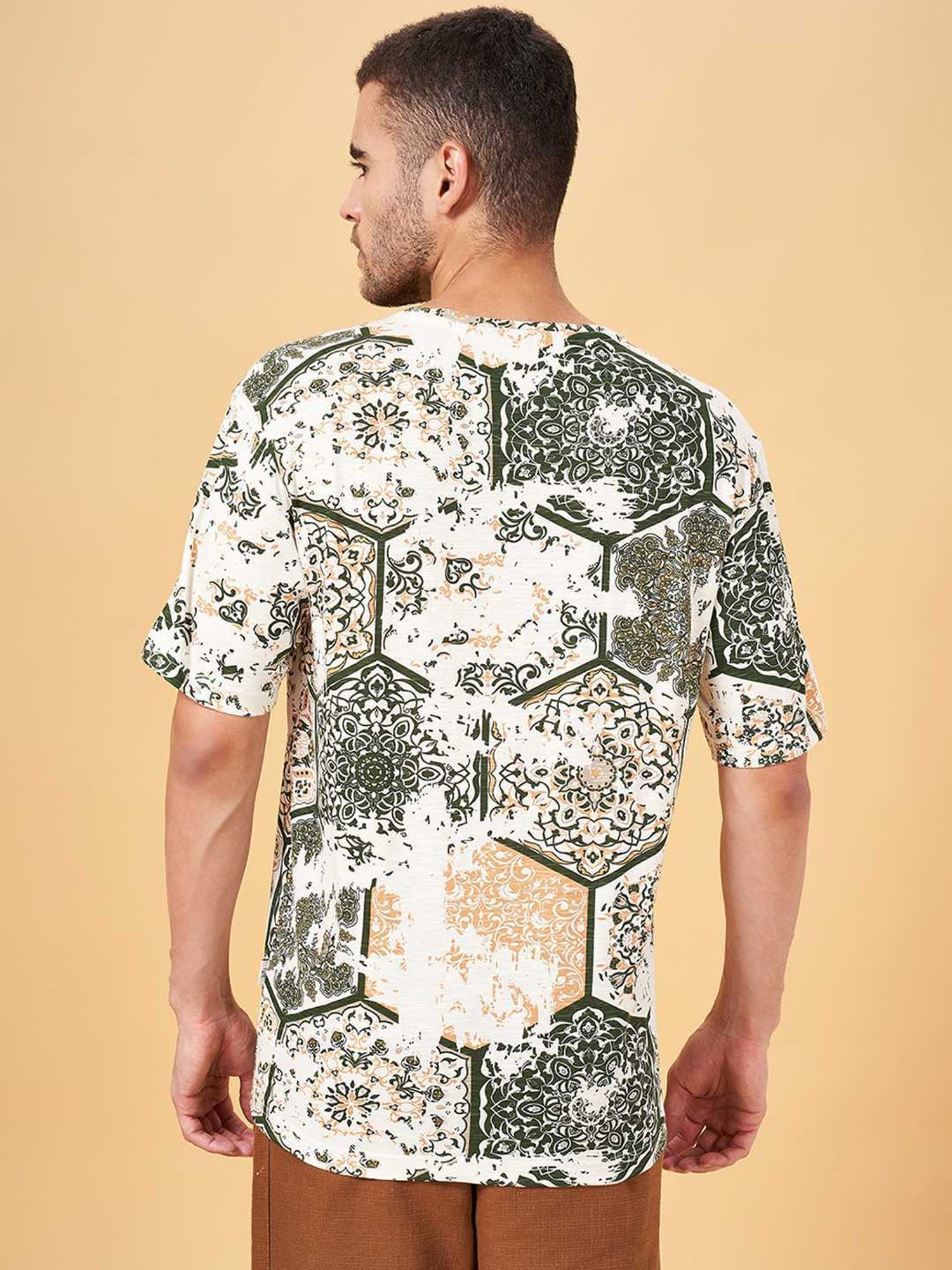 7 Alt by Pantaloons Beige Cotton Relaxed Fit Printed T-Shirt