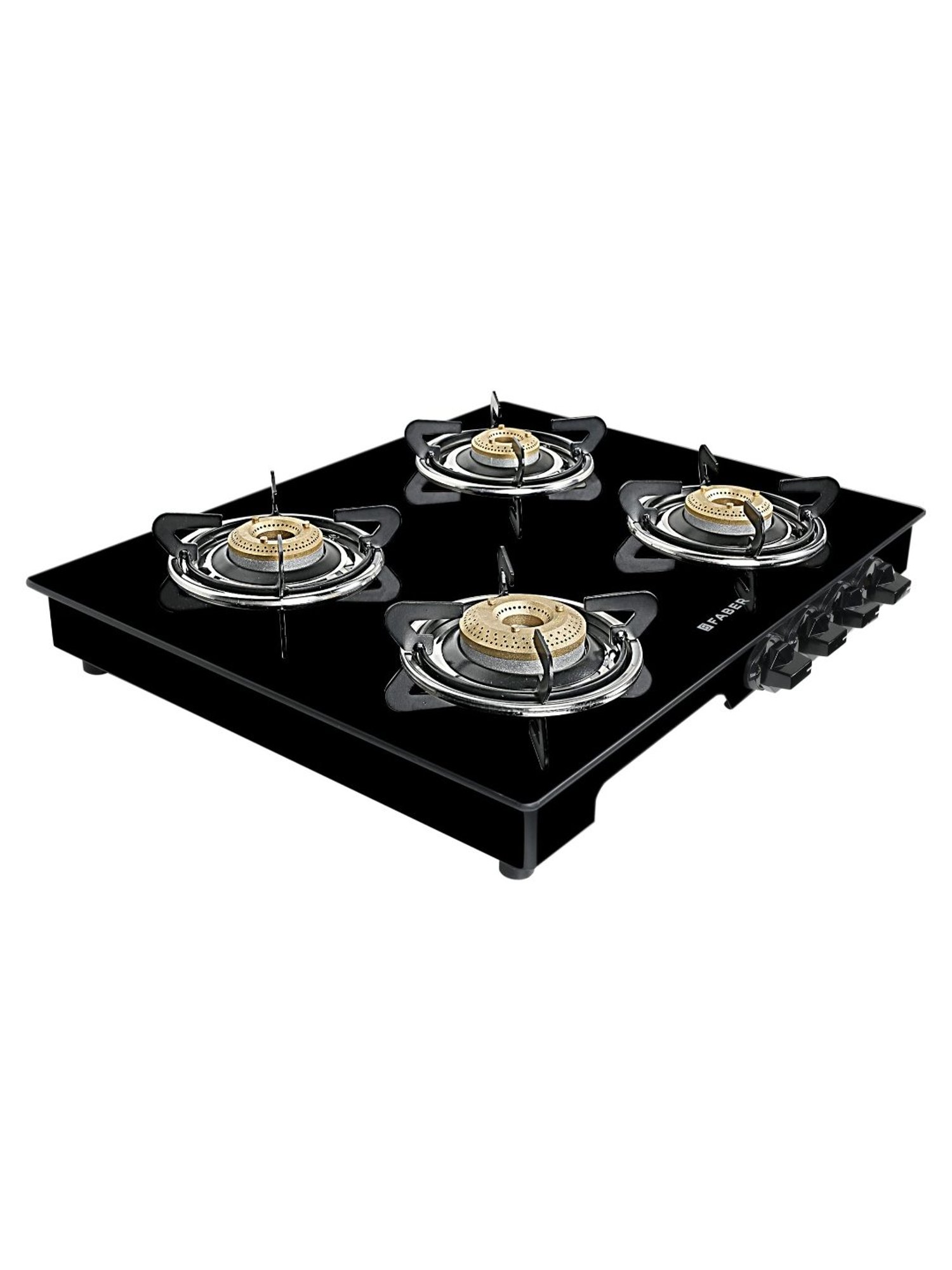 Faber Glass Top 4 Burner Gas Stove with Jumbo Burner, Powder Coated Pan Support (Black)