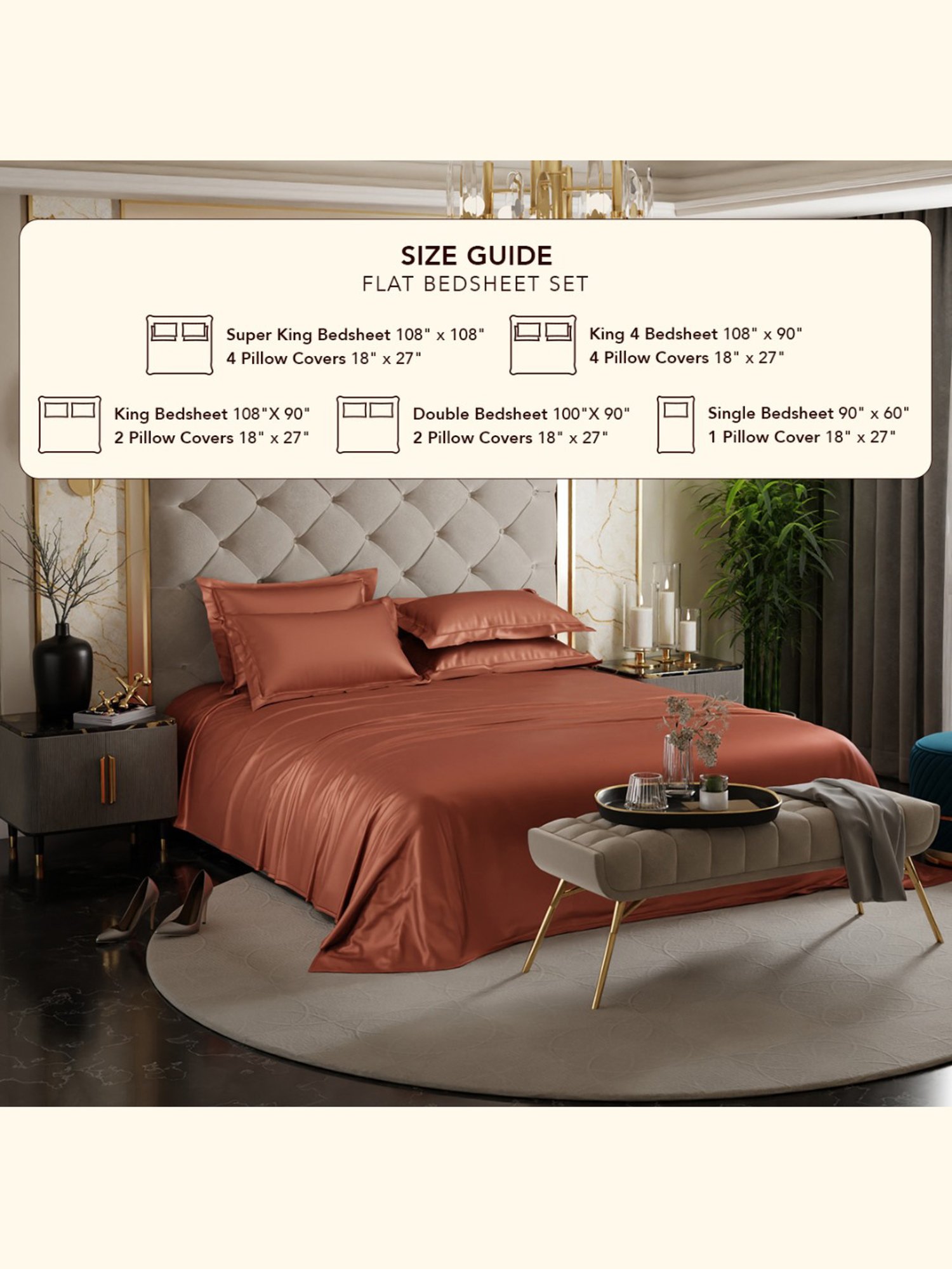 Stoa Paris Date Night Collection 300 TC Copper Sateen Super King Bed Sheet with 4 Pillow Covers