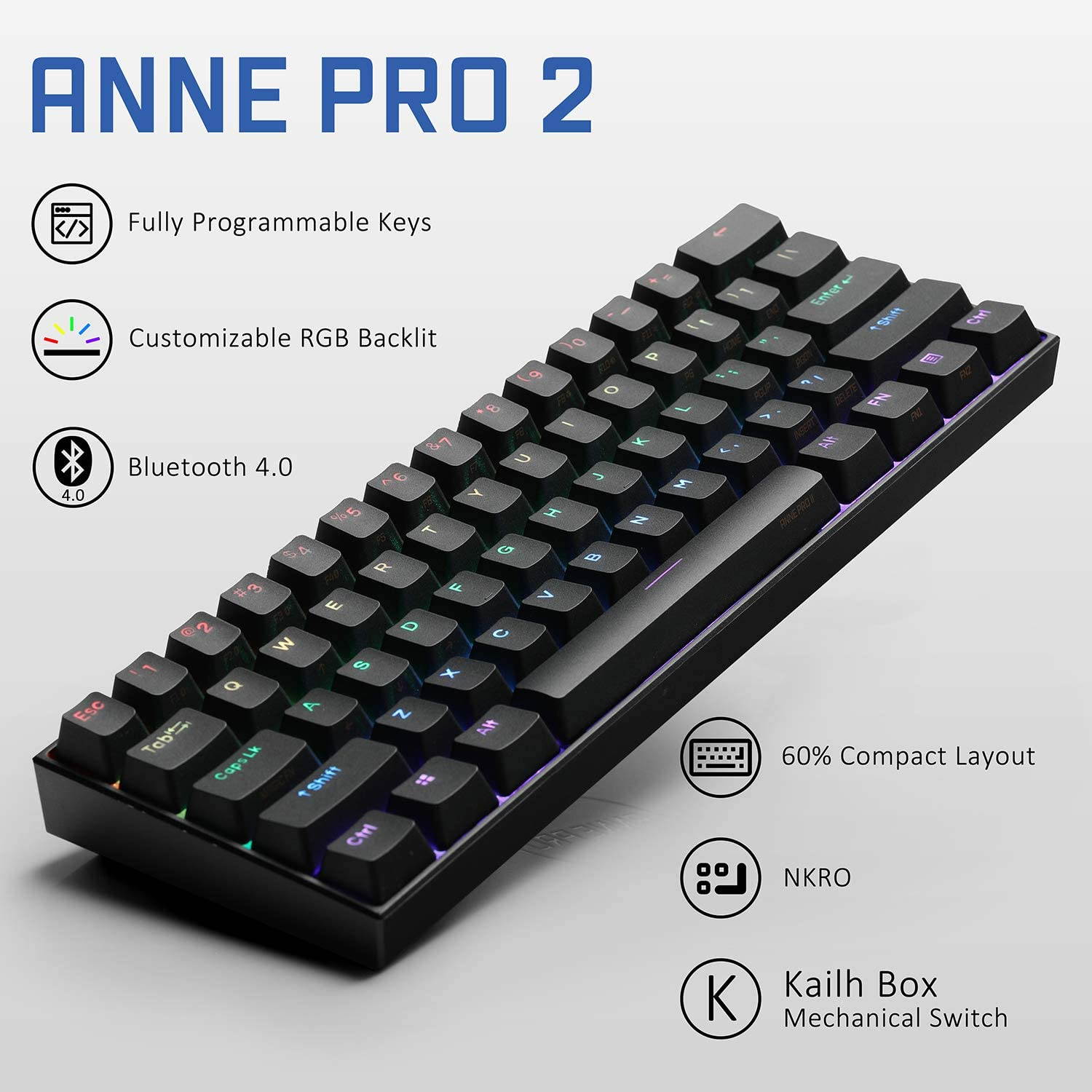 CUUWE ANNE PRO 2, 60% Wired/Wireless Mechanical Keyboard  - Full Keys Programmable - True RGB Backlit - Tap Arrow Keys - Double Shot PBT Keycaps - NKRO - 1900mAh Battery