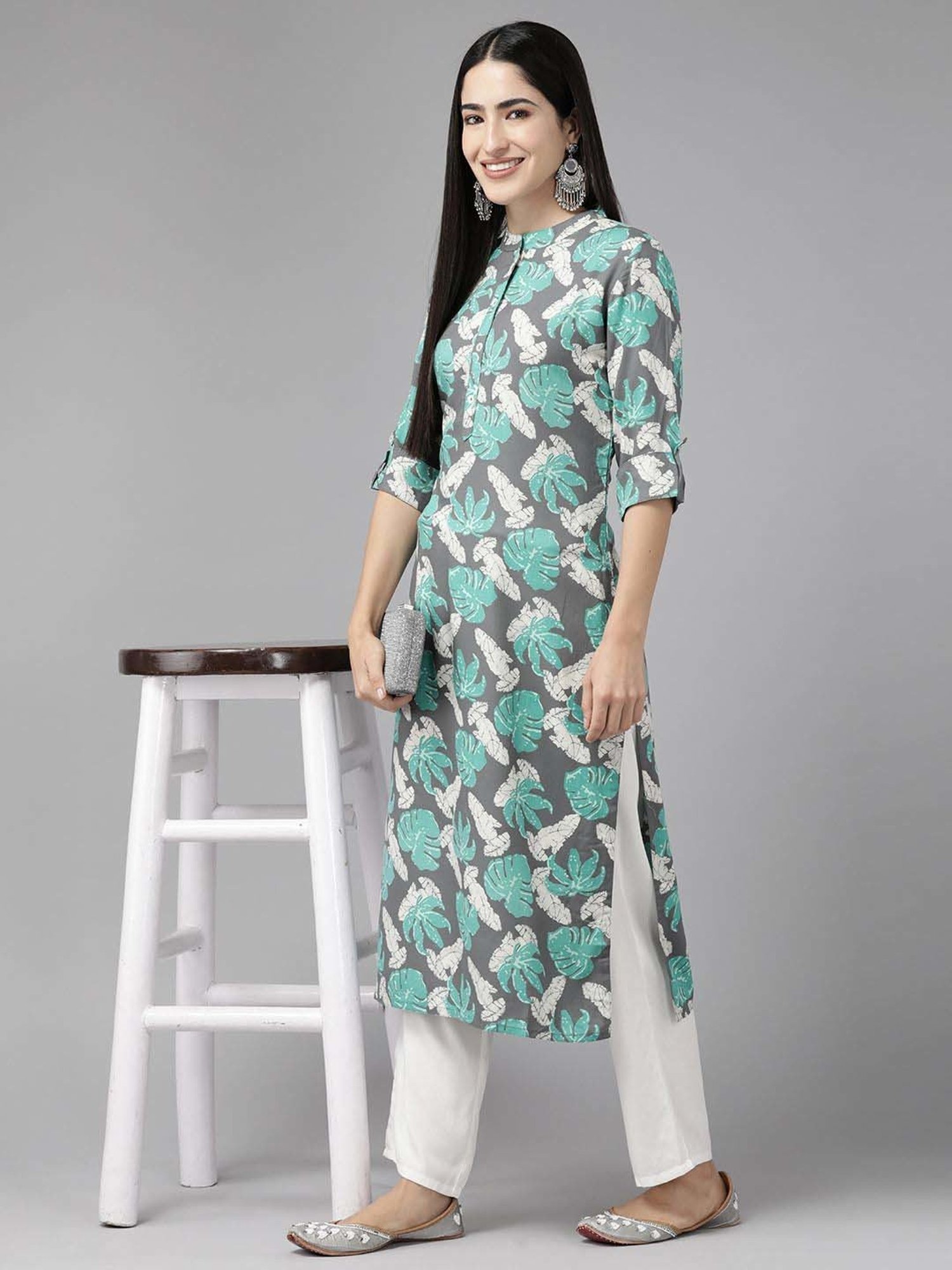 Cayman Grey & Turquoise Cotton Floral Print Straight Kurta
