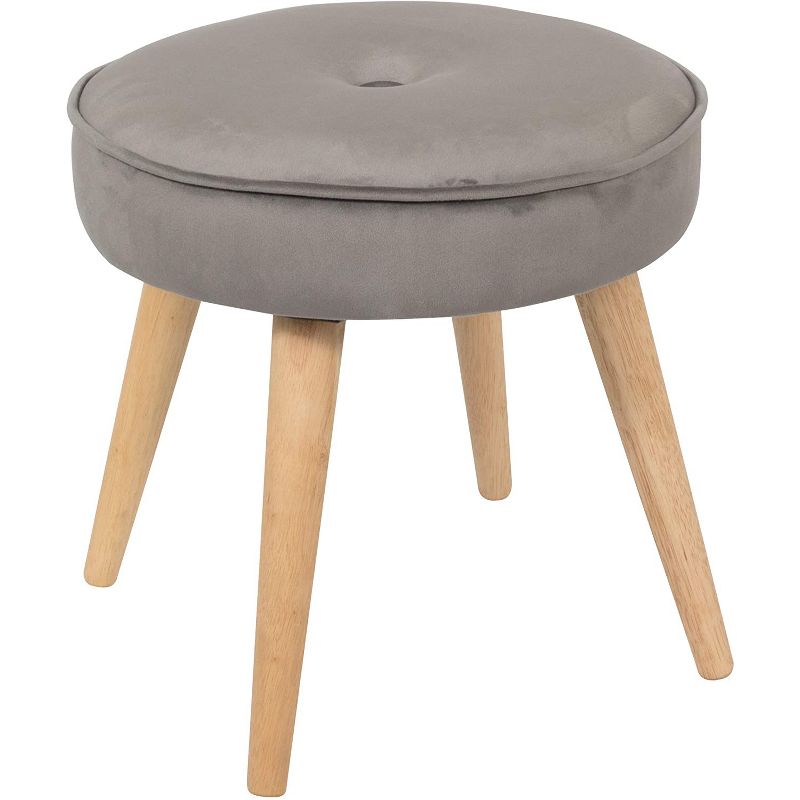 Living Essentials Alannah Stylish Upholstered Cushioned Velvet Fabric 15.75 Inch Round Footrest Ottoman Stool Seat with Pine Wood Legs, Gray