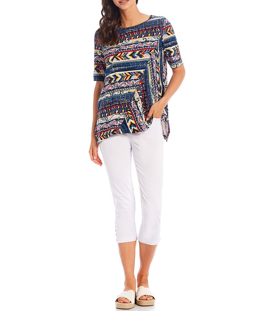 Multiples Multi Print Knit Button Detail Elbow Sleeve Sharkbite Hem Top