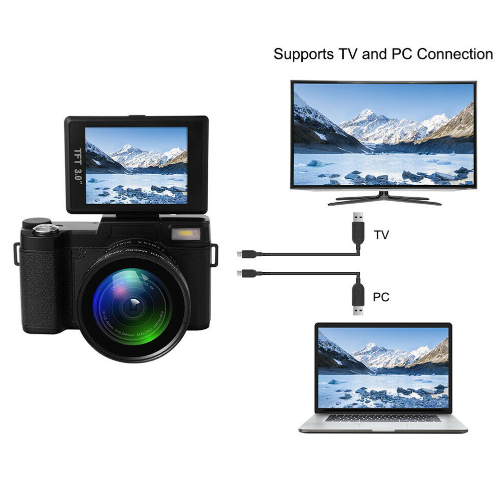 Full HD 1080P Digital Camera Wide Angle Lens Flip Screen Flash Light 24MP 3.0" TFT LCD Display