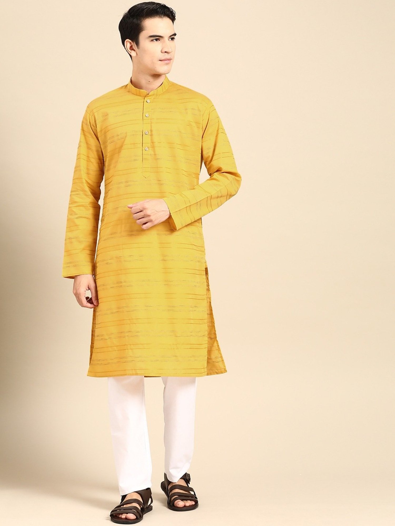 ManQ Yellow & White Pure Cotton Regular Fit Striped Kurta Bottom Set