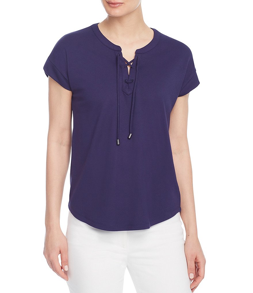 Jones New York Lace Up Knit Short Sleeve T-Shirt