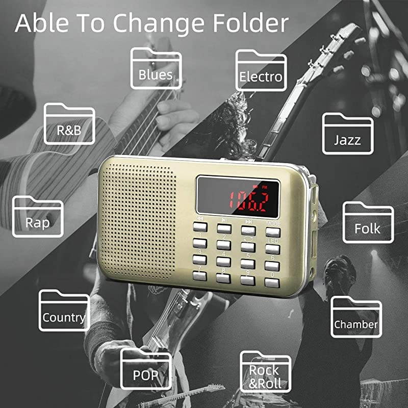 J908 Mini Portable Pocket AM FM Radio with LED Flashlight Digital Radio Speaker Music Player Support Micro SDTF CardUSB Auto Scan Save 1200mAh Rechargeable Battery OperatedGold