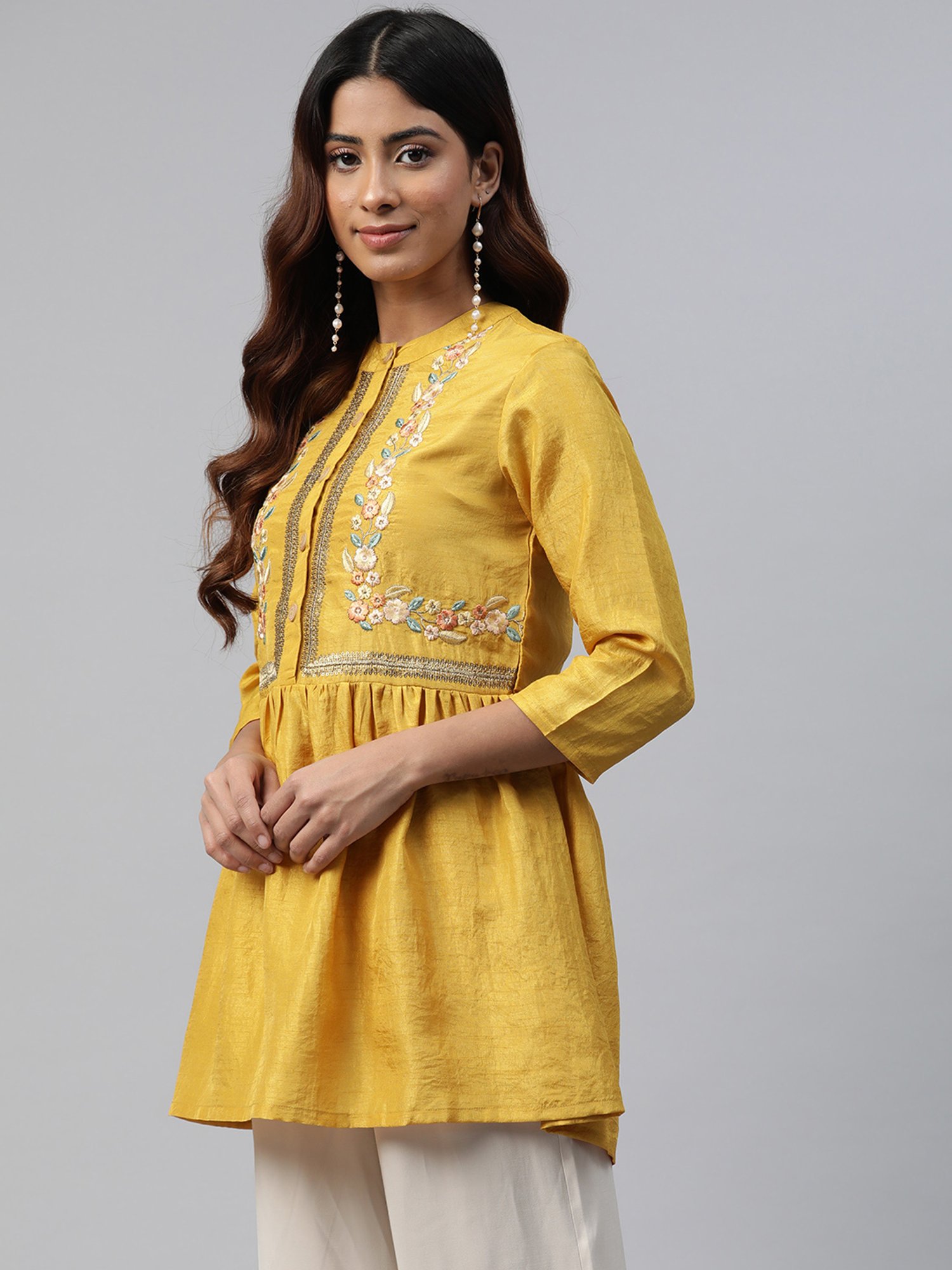 Cottinfab Yellow Silk Embroidered Top