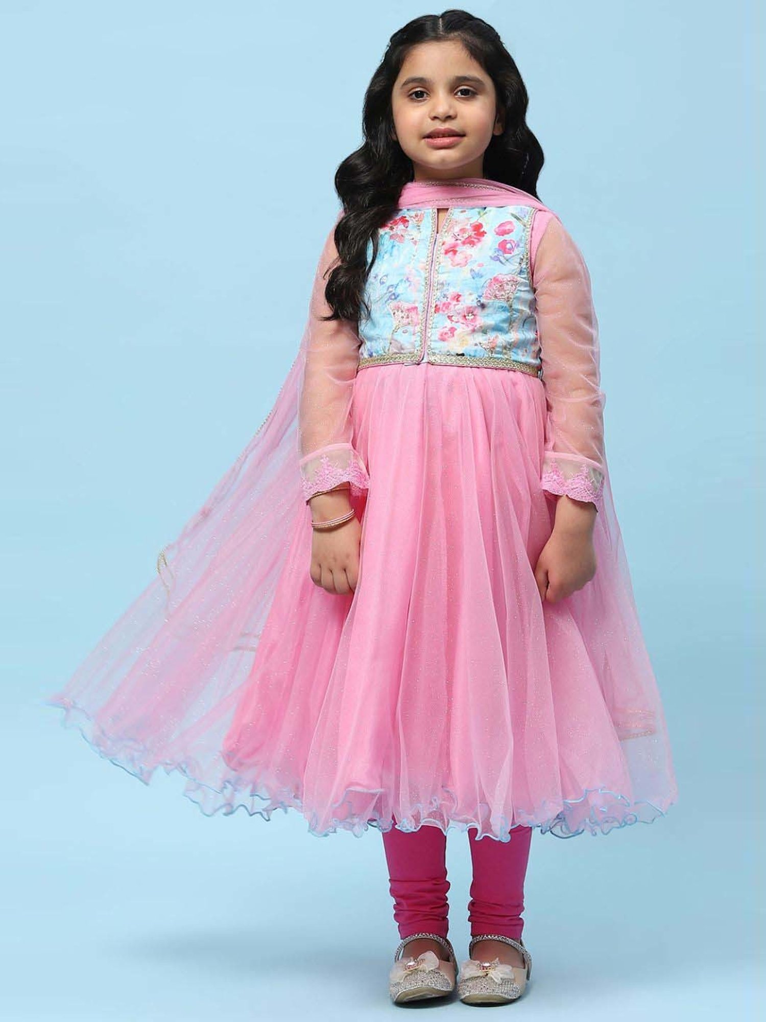 BIBA Girls Kids Pink Printed Full Sleeves Kurti, Churidar, Dupatta & Jacket
