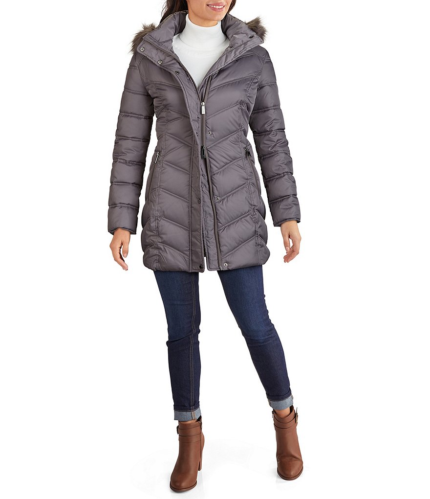 Kenneth Cole New York Faux Fur Trim Hooded Stand Collar Neck Long Sleeve Chevron Quilted Puffer Coat