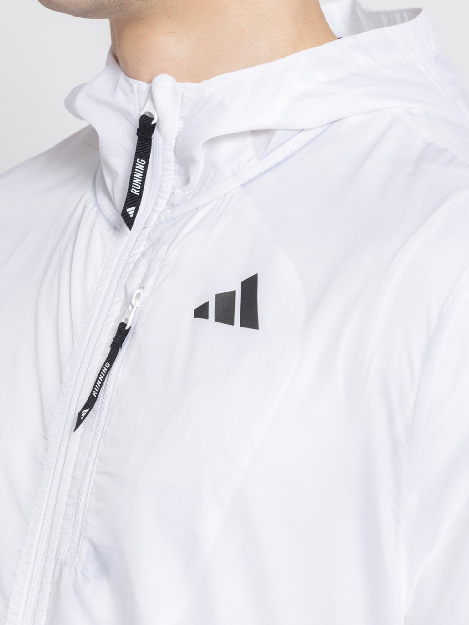 adidas White Slim Fit Striped Running Hooded Jacket