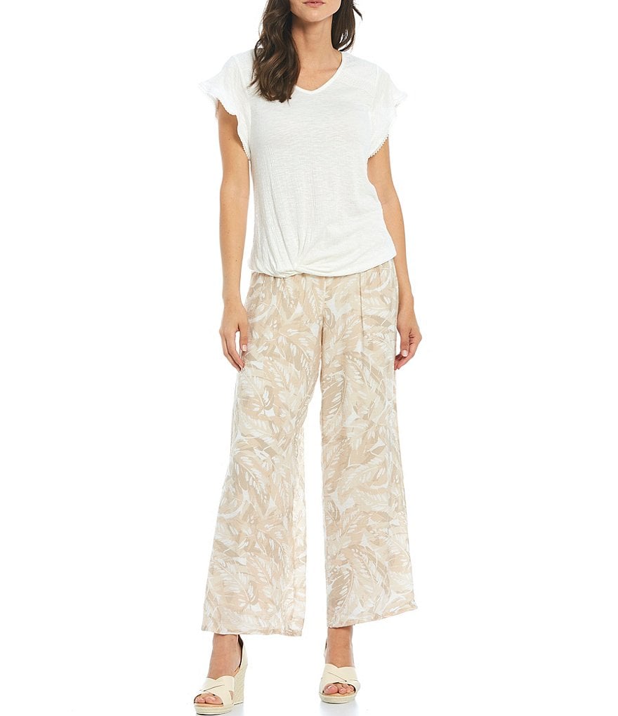 I.N. Studio Pucker Knit V-Neck Lace Trim Yoke Detail Flutter Sleeve Tee