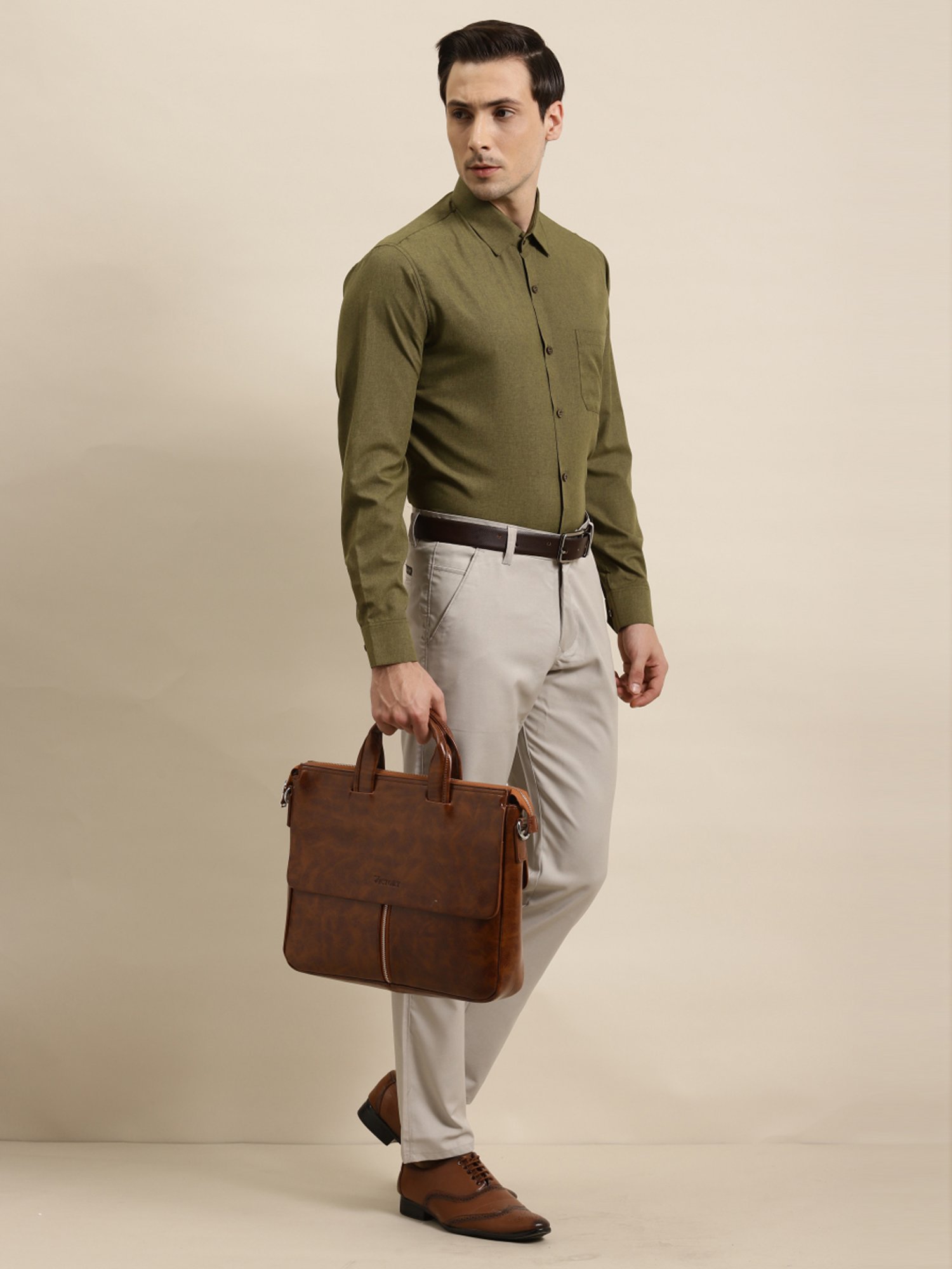 Sojanya Olive Green Cotton Regular Fit Self Pattern Shirt