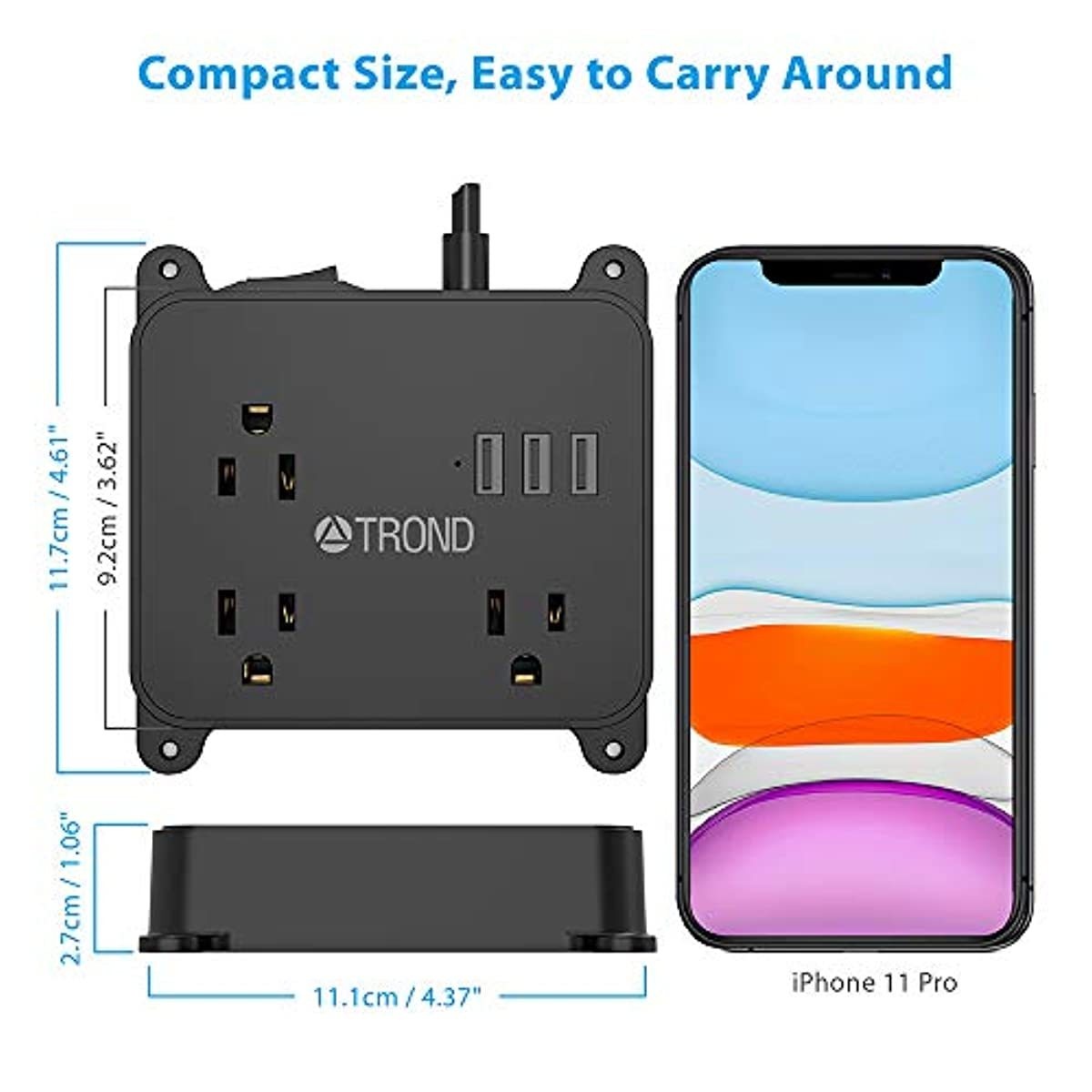 Power Strip with USB, TROND Wall Mountable Outlet Extender with 3 Widely Spaced Outlets and 3 USB Ports, Flat Plug, 4.5ft Extension Cord, for Home Office Nightstand, Black