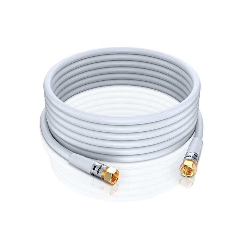 Cable RG6 (75feet, White) Quad Shield Straight Male F-Type Connector with 2 Way Splitter, Couplers, Nail Cable Clips