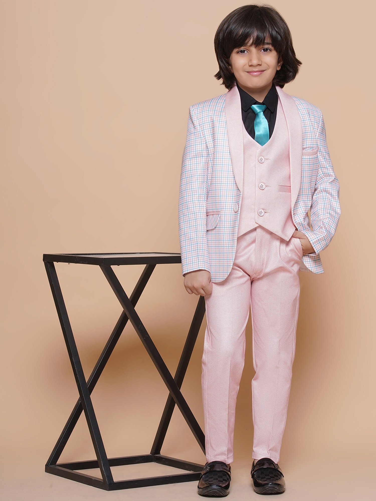 AJ Dezines Kids Peach & Blue Checks Full Sleeves Shirt, Pants, Coat, Waistcoat with Tie