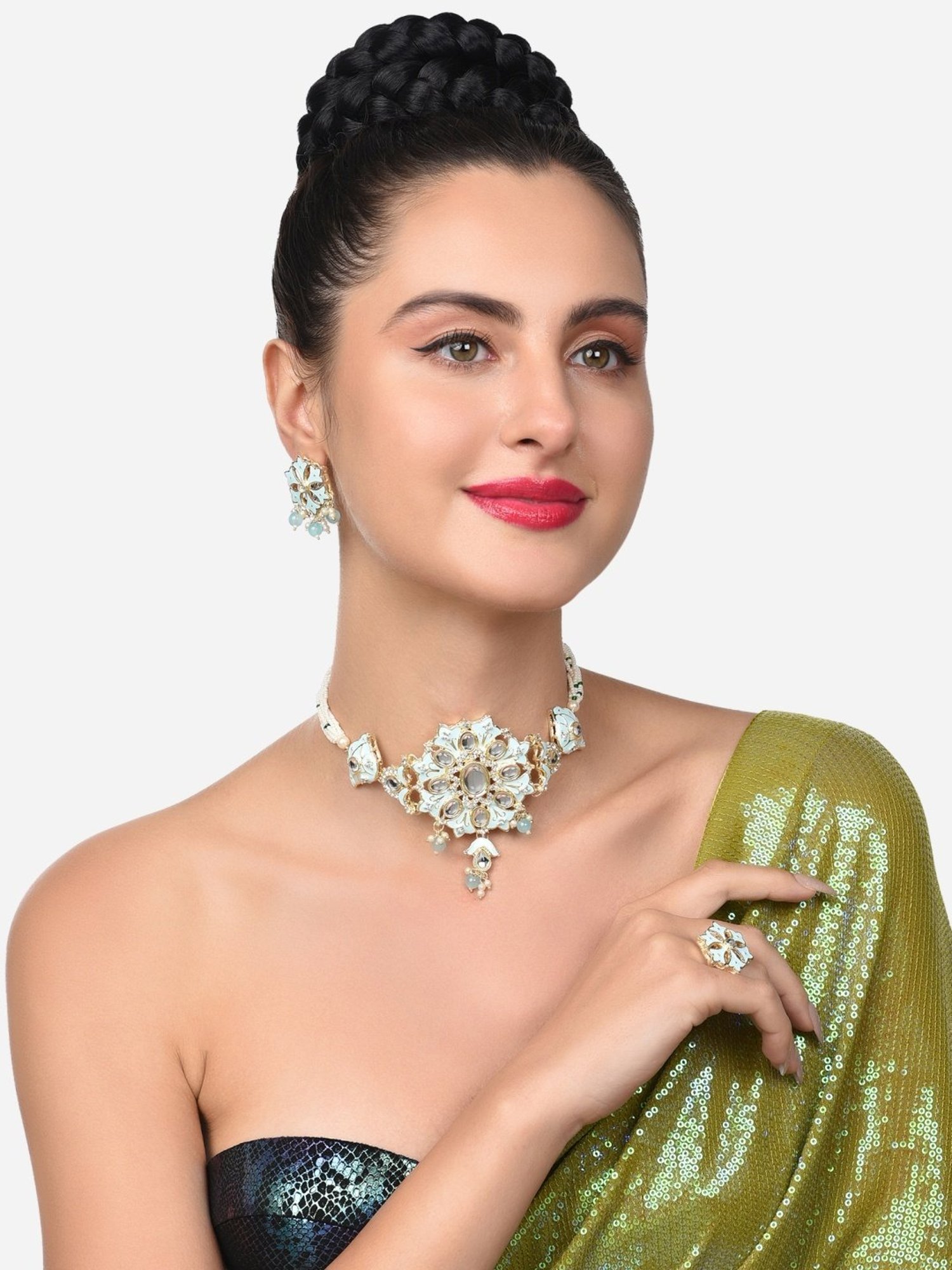 Zaveri Pearls Turquoise Meenakari Multistrand Kundan Necklace, Earring & Ring Set