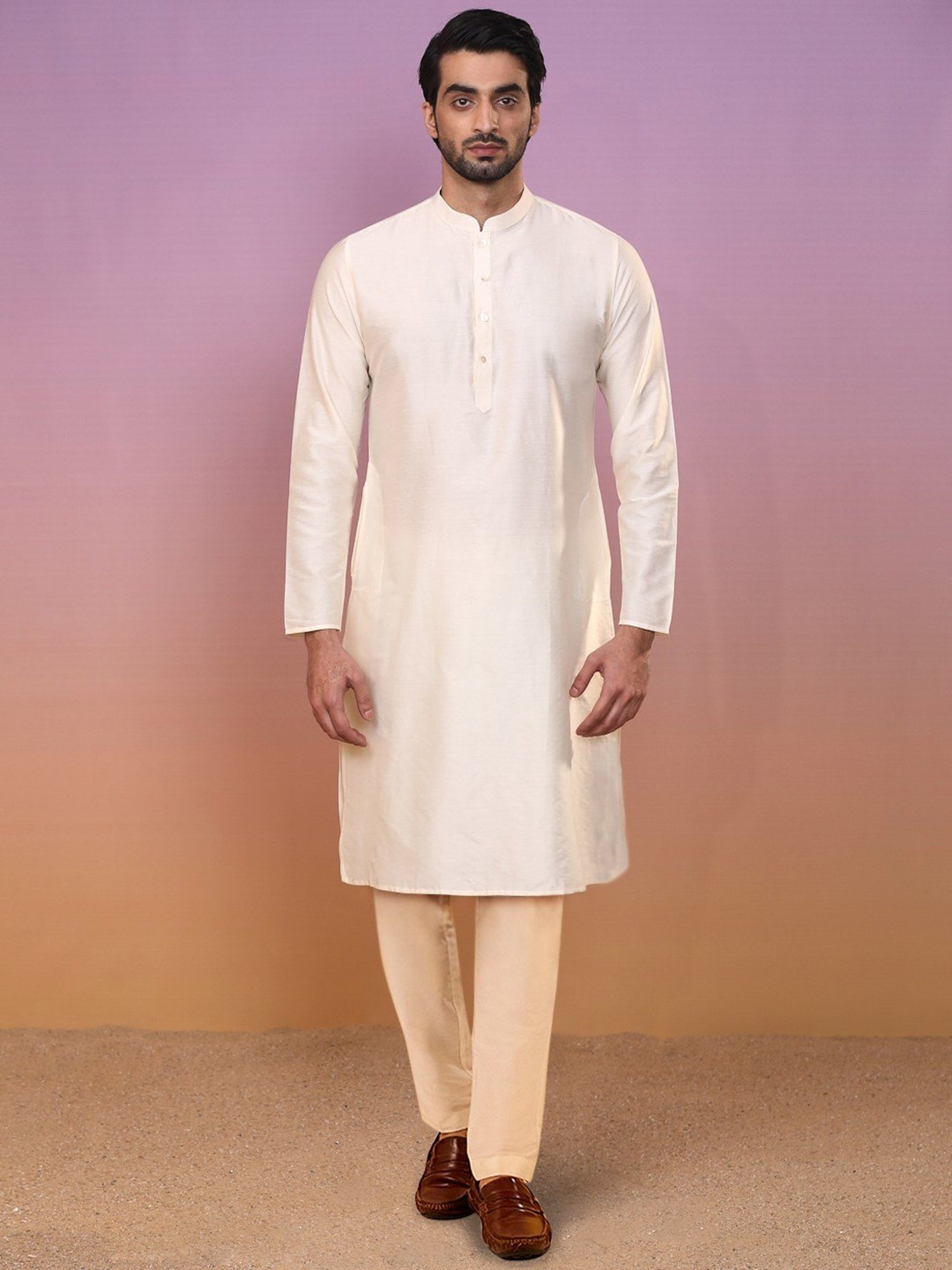 Kisah Beige Regular Fit Jacquard Sherwani Set