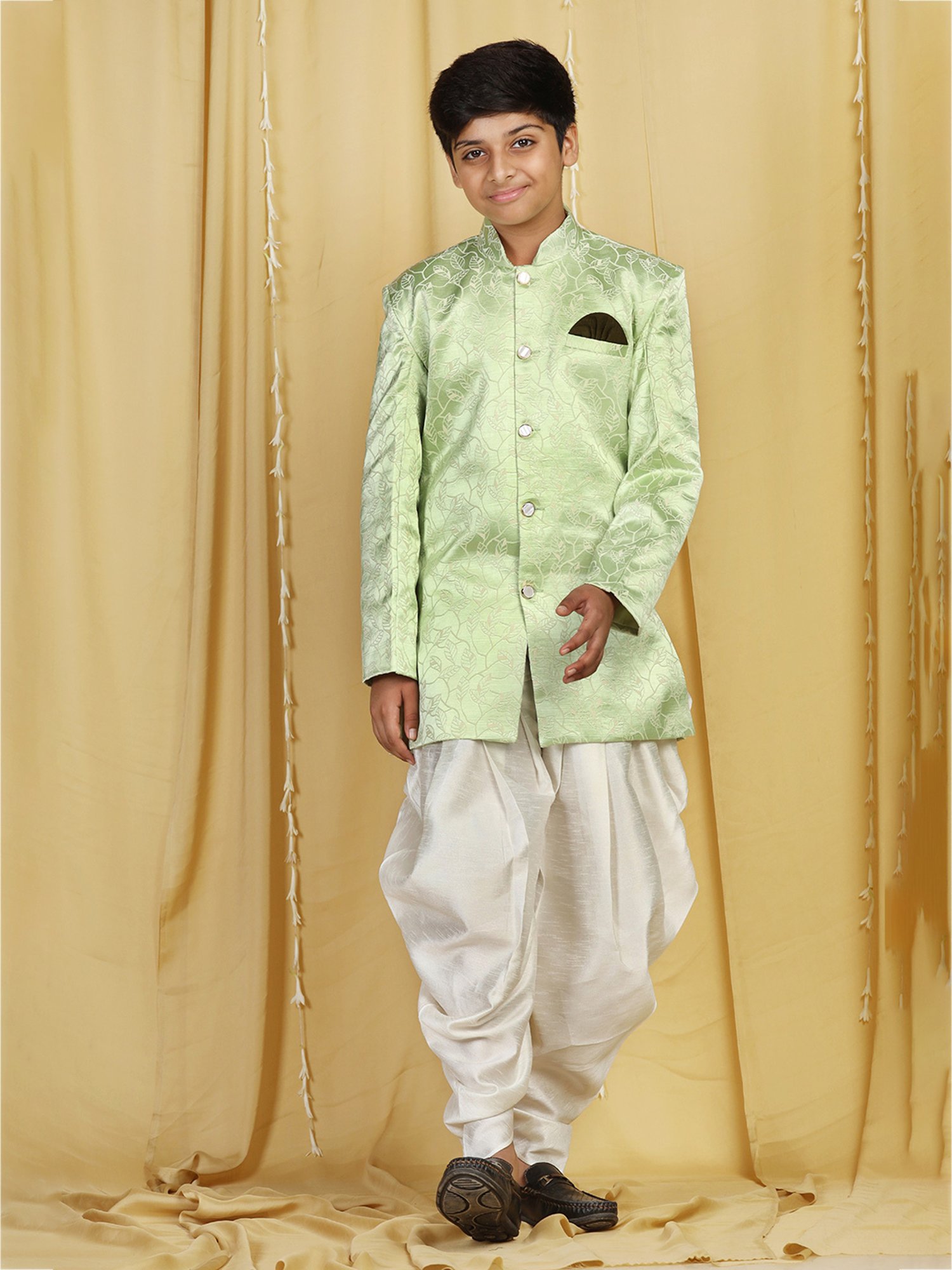 AJ Dezines Kids Green & White Printed Full Sleeves Sherwani with Salwar