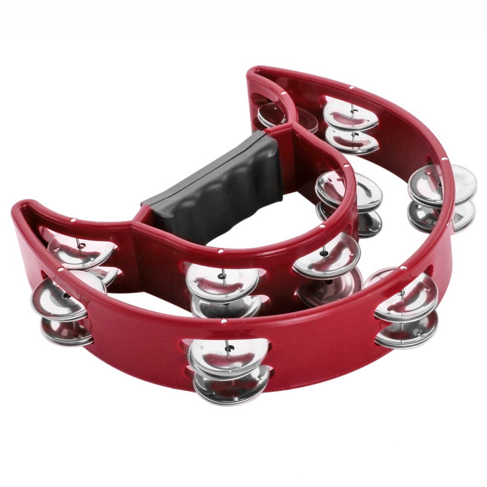 Half Moon Musical Tambourine Double Row Metal Jingles Hand Held Percussion Drum for Gift KTV Party Kids Toy in Red with Ergonomic Grip