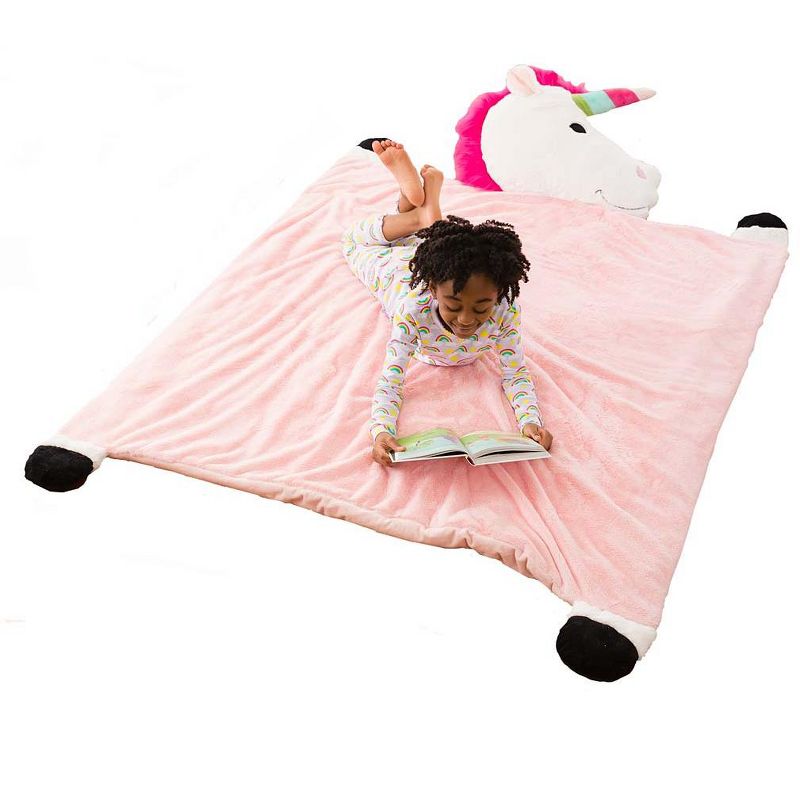 HearthSong Jumbo Plush Fantasy Snuggle Mat with Attached Pillow, Unicorn, 5'L x 4.5'W