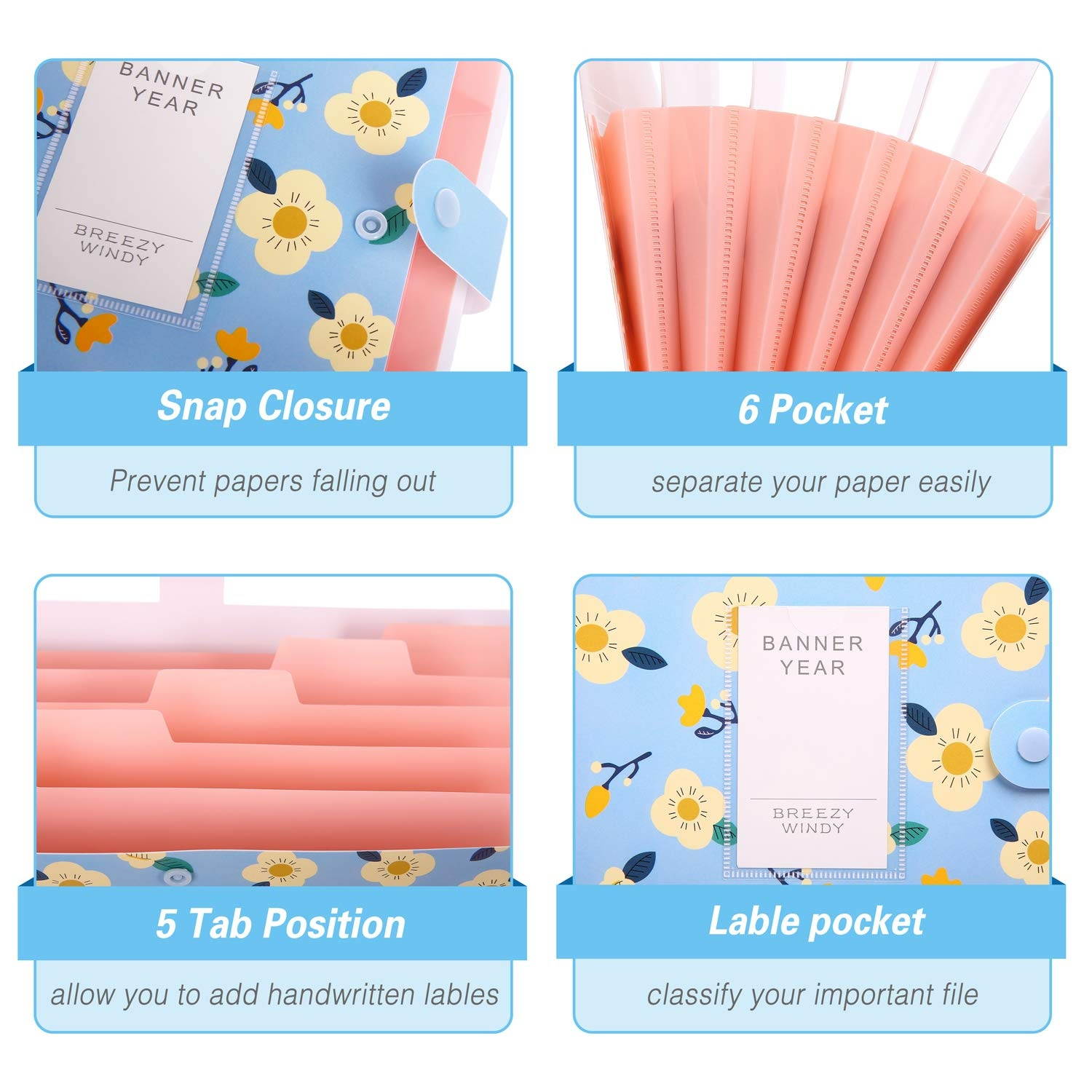 Skydue Expanding File Folders with 8 lables, Floral Printed Accordion Document Folder Organizer US Letter Size