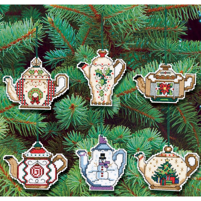 Janlynn Counted Cross Stitch Kit 3"X3" Set of 6-Christmas Teapot Ornaments (14 Count)